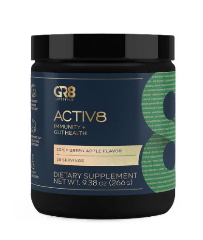 GR8 Lifestyle Activ8 Front Label – Immunity + Gut Health Crisp Green Apple Flavor