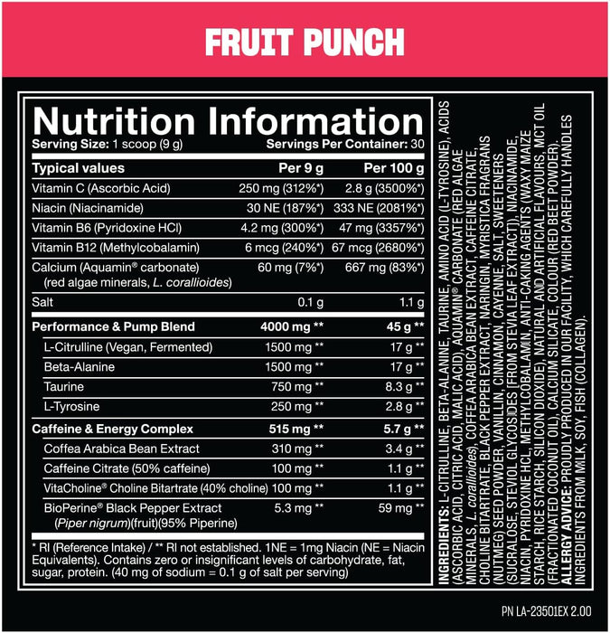 Supplement Facts Fruit Punch – MUTANT Madness Ingredients – TigerFitness