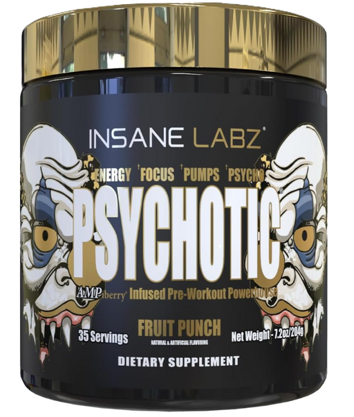 Insane Labz Psychotic Gold Fruit Punch Pre-Workout | High-Stim Energy, Focus & Pump Formula | 35 Servings | Shop TigerFitness.com