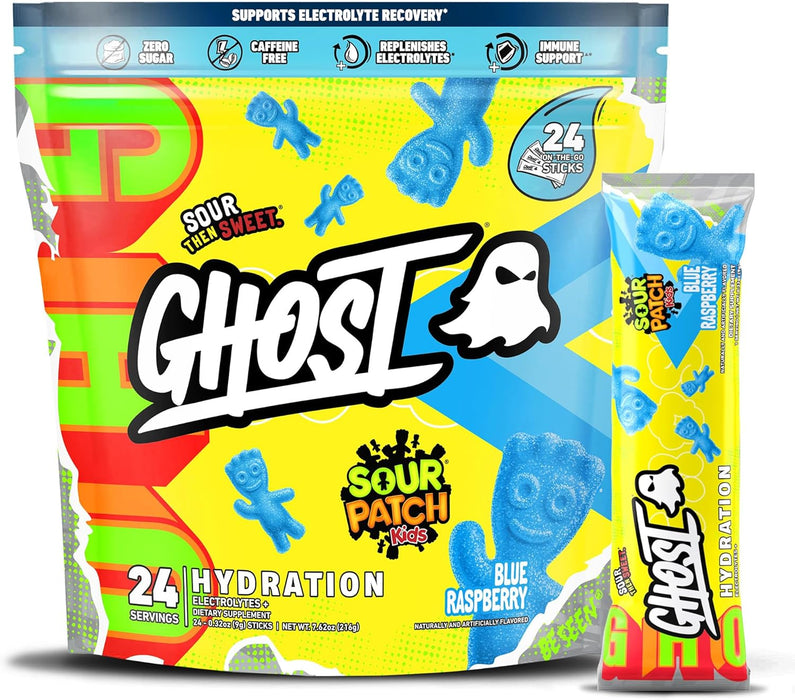 Sour Patch Kids Blue Raspberry, GHOST Hydration electrolyte drink mix stick packs for daily hydration and performance