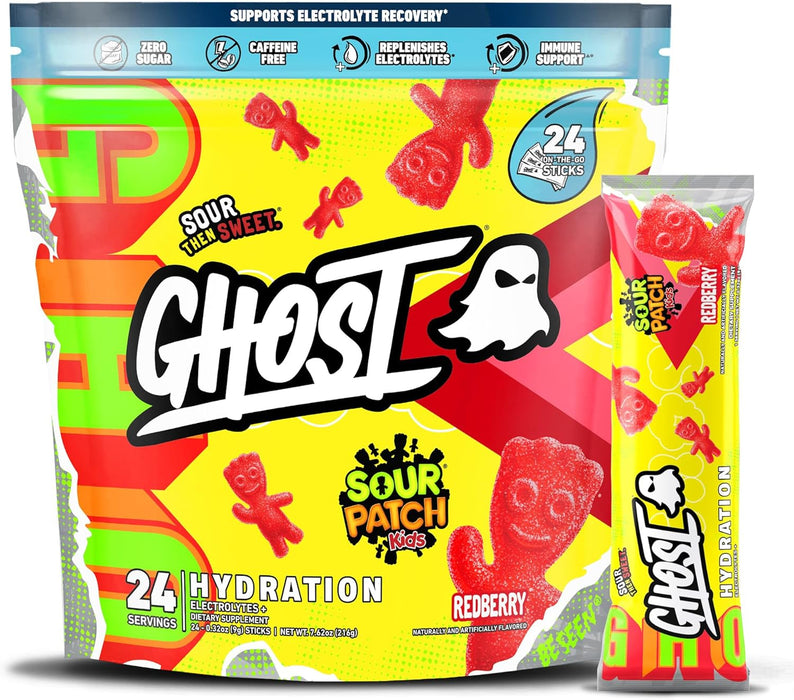 GHOST Hydration electrolyte Sour Patch Kids Redberry drink mix stick packs for daily hydration and performance. 12 or 24 Packets 