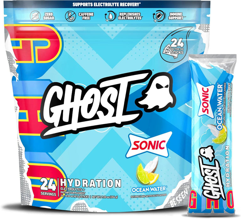 GHOST Hydration electrolyte drink mix stick packs 12 or 24 Packets, Sonice Ocean Water Flavor. Perfect for daily hydration and performance
