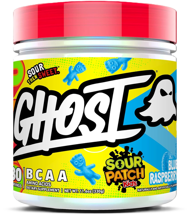 GHOST BCAA Sour Patch Kids Blue Raspberry amino acid powder supplement for muscle recovery and hydration 30 Servings Tigerfitness.com