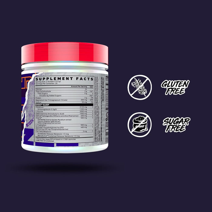 GHOST Sleep supplement facts label showing sleep support ingredients and dosages 20 Servings