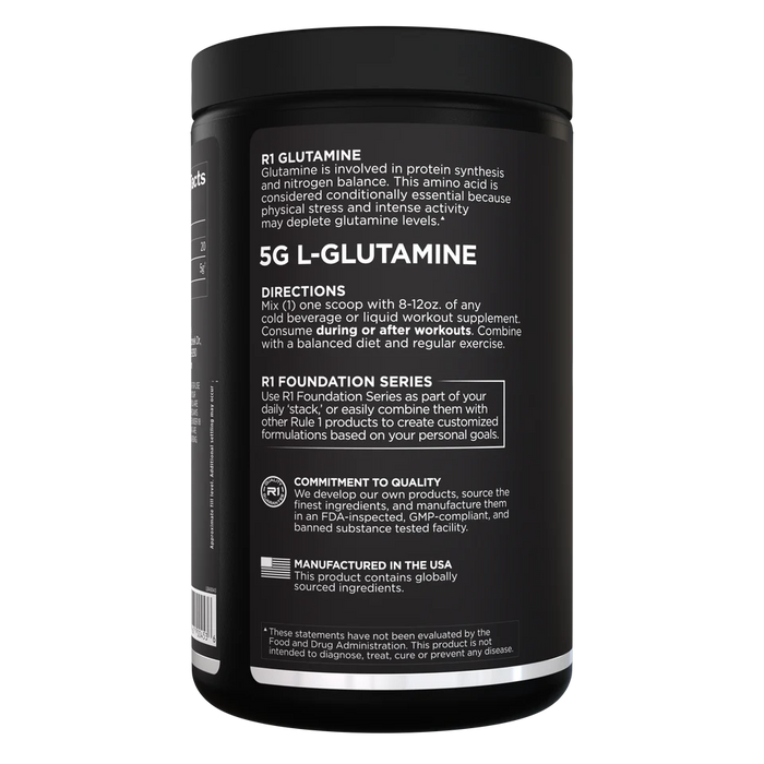 Rule 1 Micronized Glutamine supplement facts panel showing L-glutamine per serving 