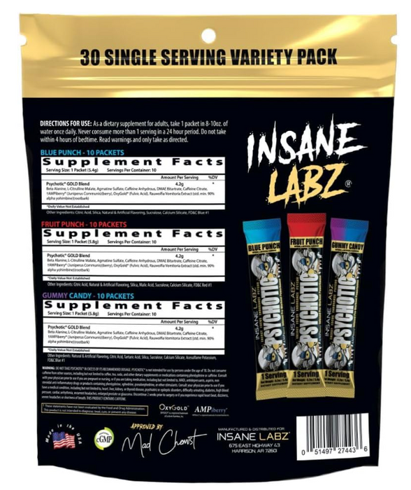 Insane Labz Psychotic Gold Stickpack Variety Bag | Pre-Workout Energy & Focus Samples