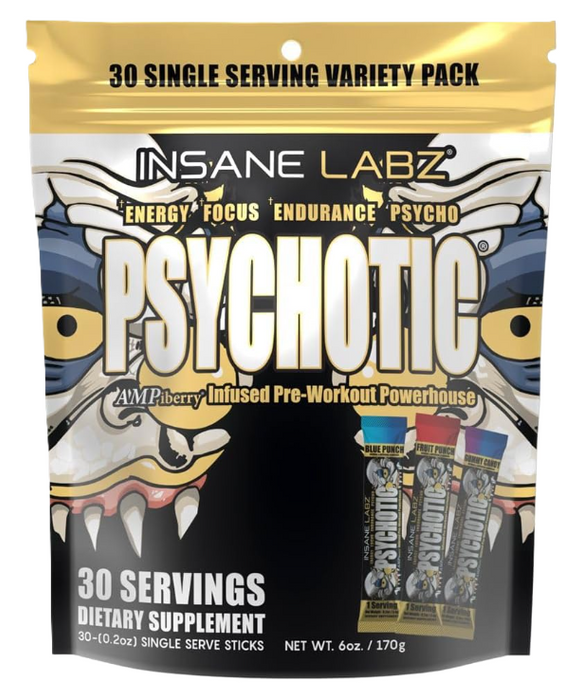 Insane Labz Psychotic GOLD Stickpack Variety Bag | High-Stim Pre-Workout | 30 Single Serve Flavors | Shop TigerFitness.com