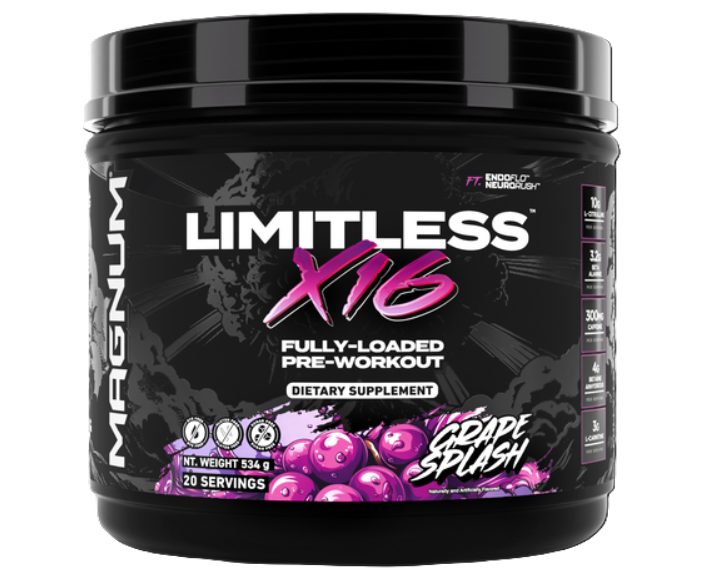 Limitless X16 Pre-Workout Grape Splash Flavor Front Label – TigerFitness.com