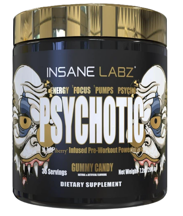 Insane Labz Psychotic Gold Gummy Candy Pre-Workout | High-Stim Energy, Focus & Pump Formula | 35 Servings | Shop TigerFitness.com