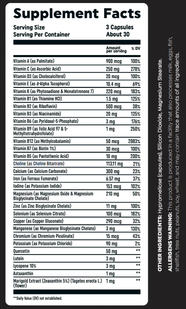 HTLT Multivitamin 90 Capsules Supplement Facts, Ingredients, and Daily Values