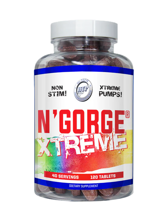 Hi-Tech Pharmaceuticals N’Gorge Xtreme 120 Tables nitric oxide booster pump and performance supplement bottle from TigerFitness