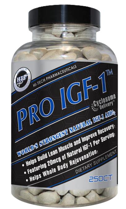 Hi-Tech Pharmaceuticals Pro IGF-1 250 Tablets muscle growth strength and recovery support supplement bottle from TigerFitness
