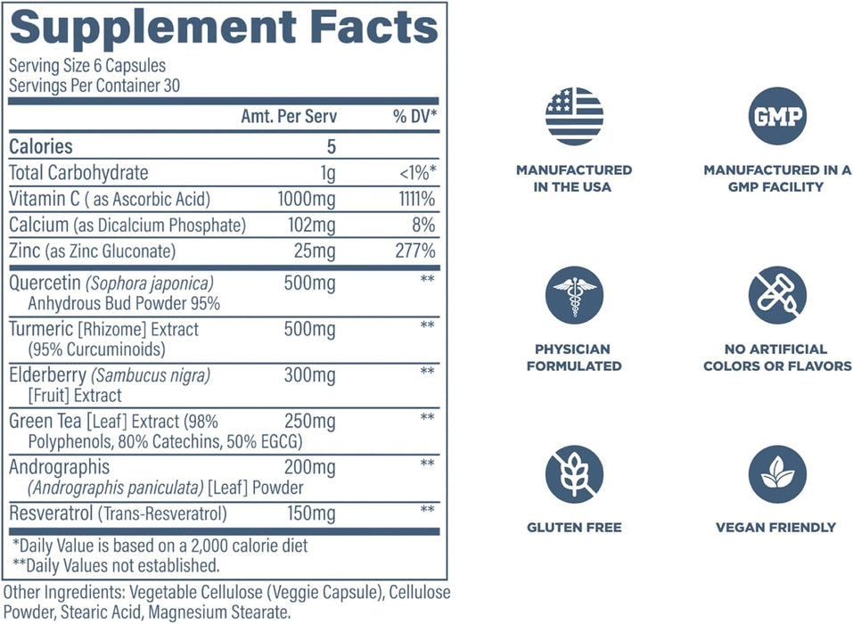 Revive MD Immune Defense Supplement Facts showing zinc, elderberry, vitamin C, and immune supporting vitamins per serving. 180 Capsules 