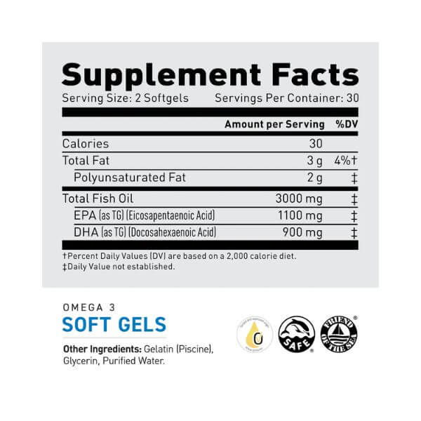 Supplement Facts panel for KAGED Omega-3 – showing EPA & DHA content and dosage for cardiovascular, brain, and joint health support | TigerFitness.com