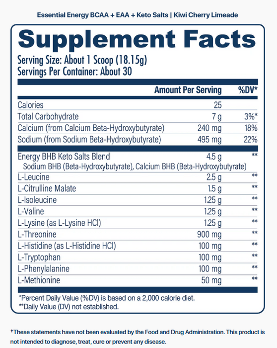 NuEthix Essential Energy Supplement Facts & Ingredients Label for Amino & Energy Support 30 Servings Kiwi Cherry Limeade 
