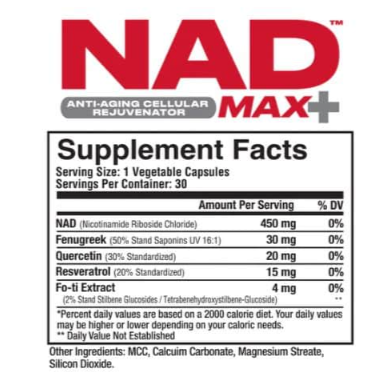 Metabolic Nutrition NAD Max+ Supplement Facts & Ingredients Label 30 Servings – Cellular Energy and Anti-Aging Support Formula | TigerFitness