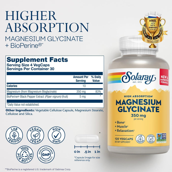 Solaray Magnesium Glycinate 350mg supplement facts label dosage and ingredients