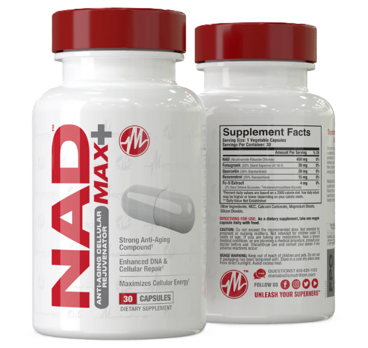 Metabolic Nutrition NAD Max+ Bottle Front 30 Capsules – Advanced NAD+ Booster for Energy, Longevity & Cellular Health | TigerFitness