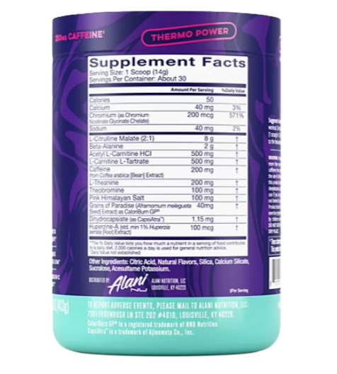 Alani Nu Pre-Workout + Burn Supplement Facts and Ingredients Melonberry Blast 30 Servings Label | Energy & Fat Loss Support | TigerFitness