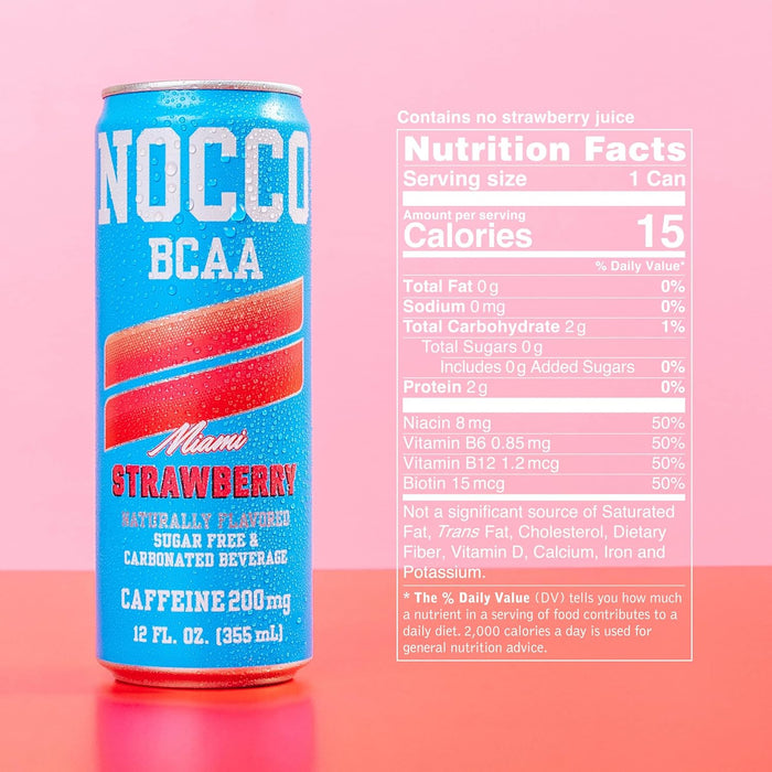 NOCCO BCAA RTD Miami Strawberry  Nutrition Facts and Ingredients Label – Caffeine-Free Amino Drink