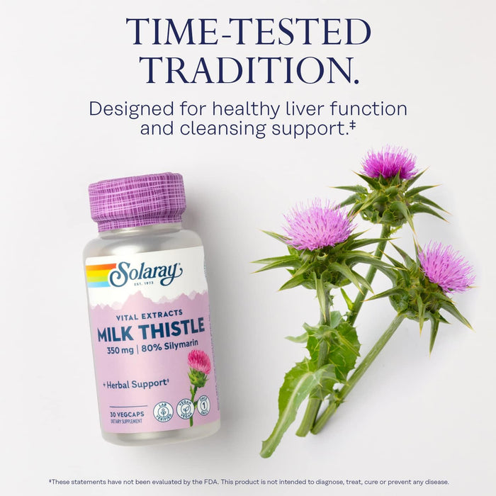 Close up of Solaray Milk Thistle capsules highlighting clean, vegan, non-GMO ingredients