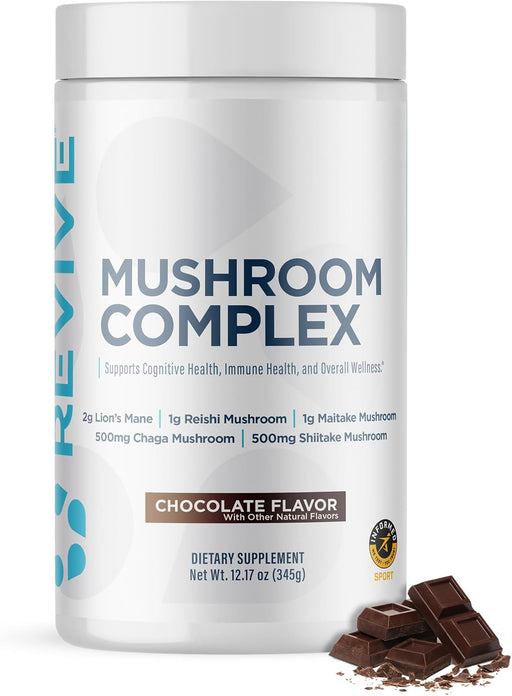 Revive MD Mushroom Powder supplement featuring Lion’s Mane, Reishi, Chaga, Shiitake, and Maitake 30 Servings