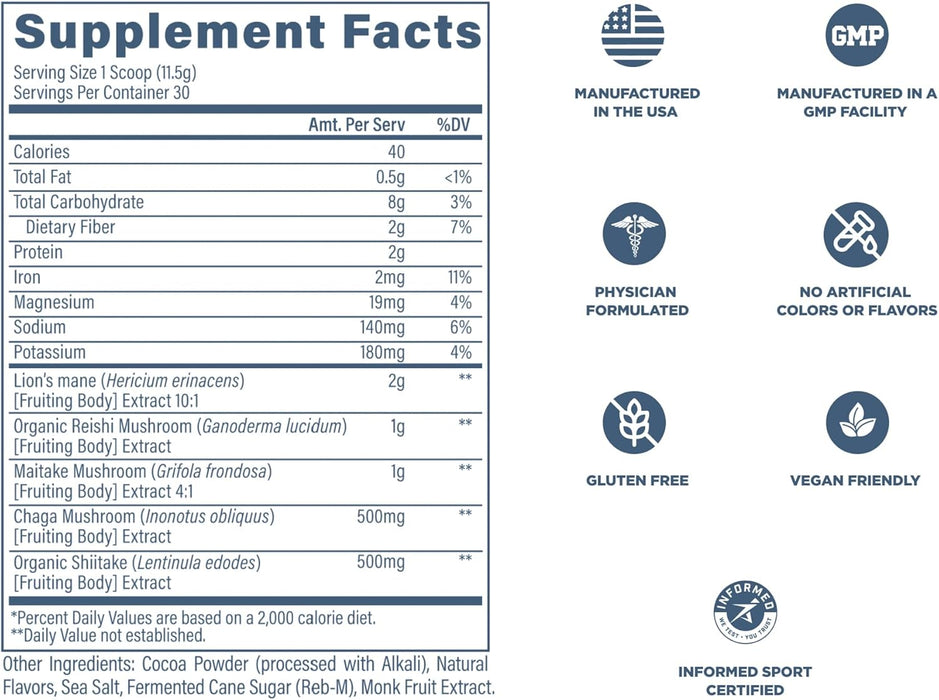 Revive MD Mushroom Powder supplement facts panel 30 Servings showing functional mushroom blend ingredients 