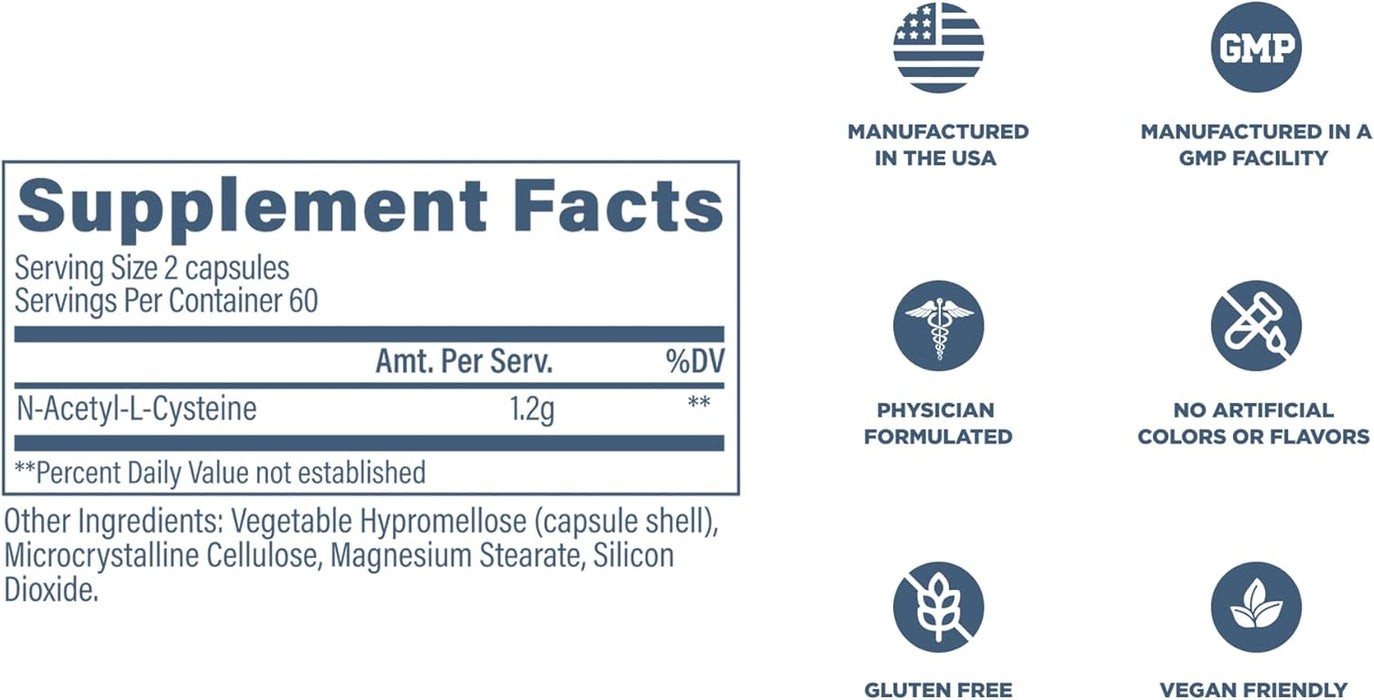 Revive MD NAC supplement facts 120 Capsules panel with N-Acetyl Cysteine capsules