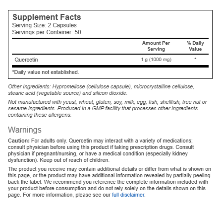 NOW Quercetin 500 mg Supplement Facts Label with Serving Size and Ingredient Details