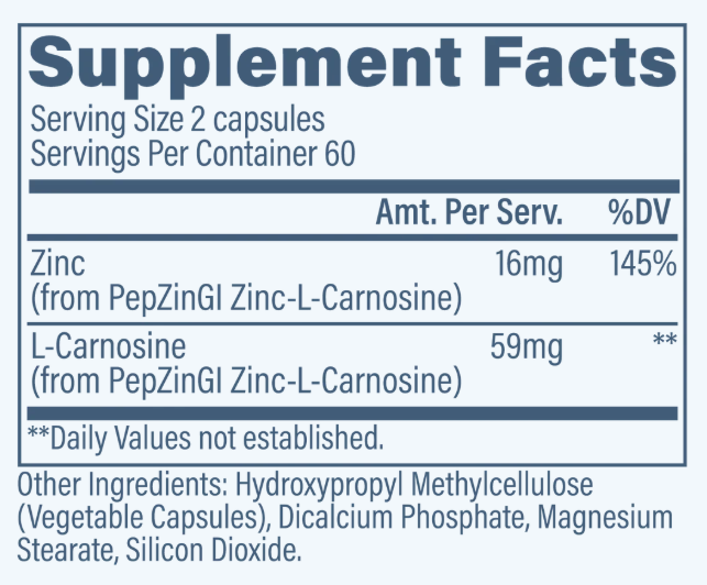 Revive MD Zinc Carnosine supplement facts panel showing PepZinGI zinc carnosine formula 120 Capsules