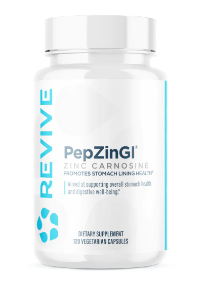Revive MD Zinc Carnosine supplement bottle featuring PepZinGI for stomach lining and gut health support 120 Vegetarian Capsules
