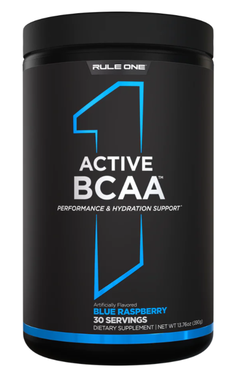 Rule 1 Active BCAA stim-free amino acid electrolyte drink supplement front 30 Servings Blue Raspberry
