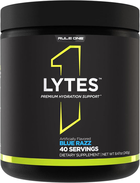R1 Lytes+ zero sugar electrolyte hydration drink supplement front label 40 Servings Blue Raspberry Flavor