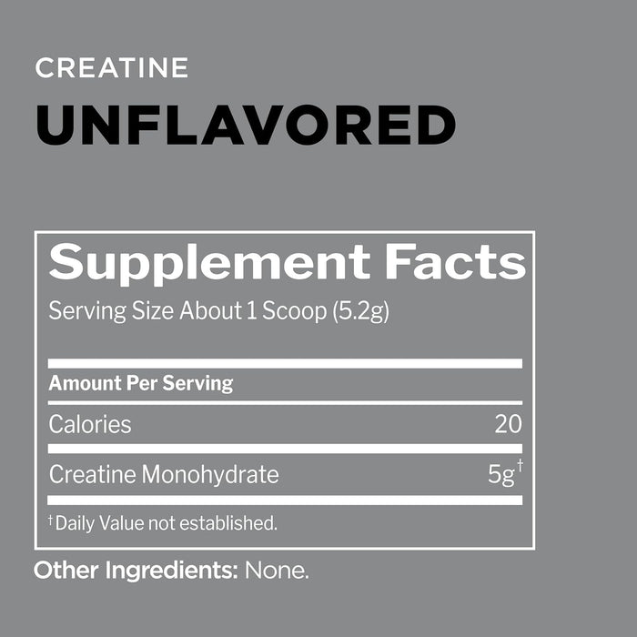 Rule 1 Creatine supplement facts panel showing creatine 75 Servings, Unflavored