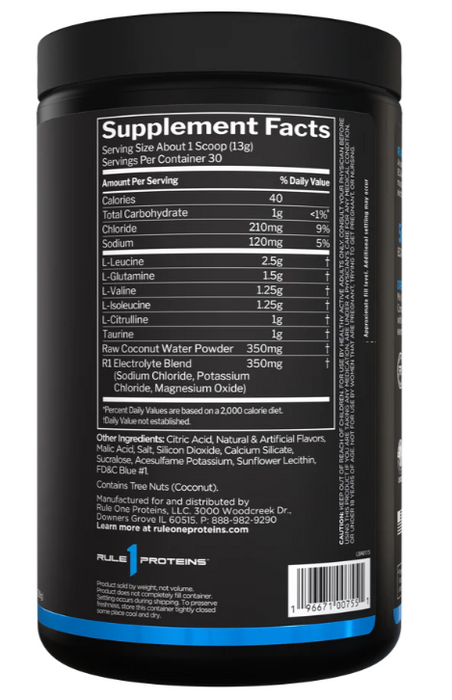 Rule 1 Active BCAA supplement facts panel showing BCAAs, glutamine, citrulline, and electrolytes 30 Servings, Blue Raspberry