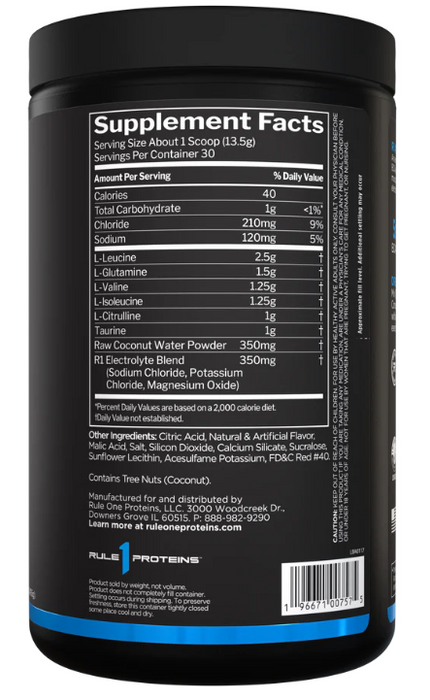 Rule 1 Active BCAA supplement facts panel showing BCAAs, glutamine, citrulline, and electrolytes 30 Servings Fruit Punch