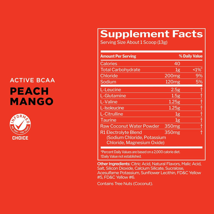 Rule 1 Active BCAA supplement facts panel showing BCAAs, glutamine, citrulline, and electrolytes 30 Servings