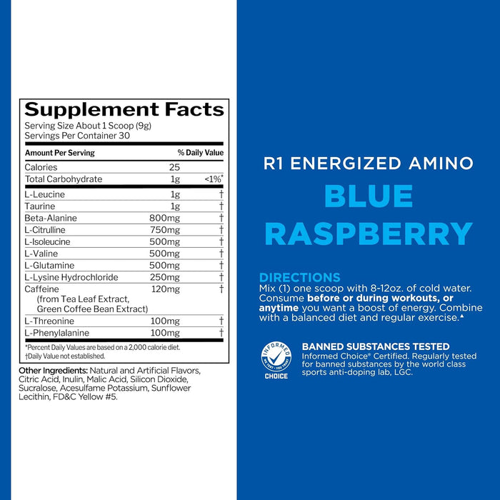Blue Raspberrry R1 Energized Amino supplement facts panel showing amino acid blend and caffeine content. 