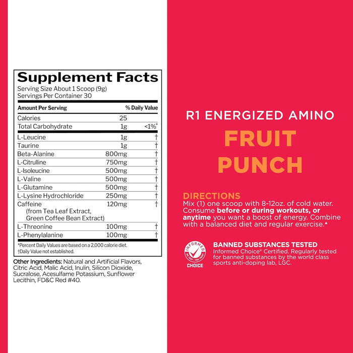 R1 Energized Amino Fruit Punch supplement facts panel with amino acids and natural caffeine 30 Servings