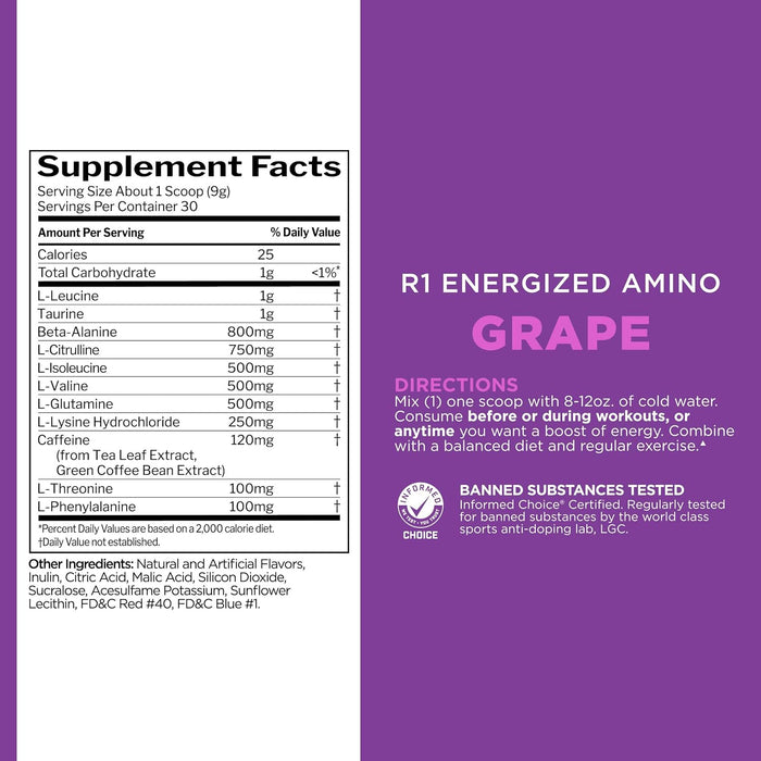 R1 Energized Amino Grape supplement facts panel displaying amino acid blend and caffeine amount 30 Servings