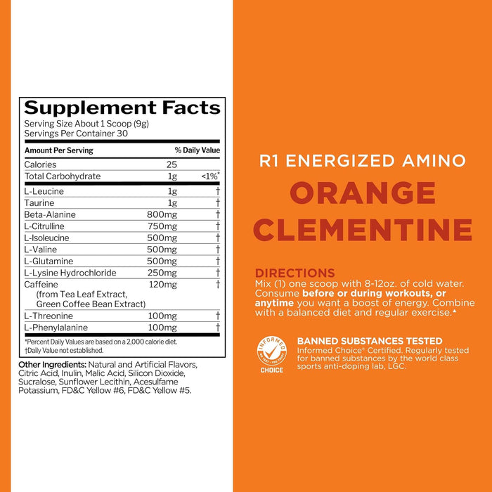 R1 Energized Amino Orange Clementine supplement facts panel with amino acids and energy ingredients 30 Servings
