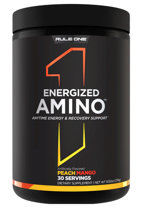 R1 Energized Amino Peach Mango amino acid energy drink supplement front label 30 Servings
