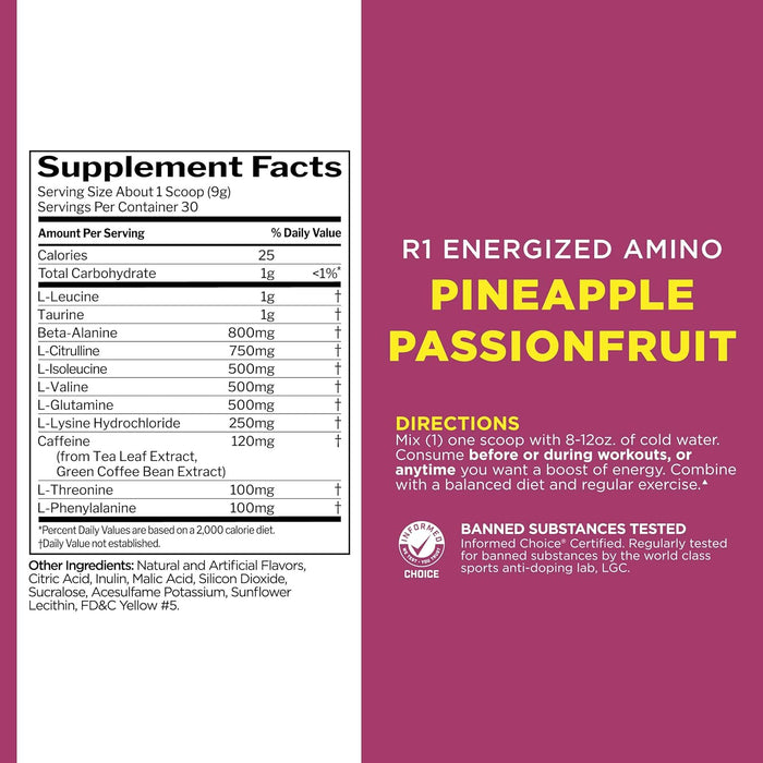 R1 Energized Amino Pineapple Passionfruit supplement facts panel with amino acids and natural caffeine 30 Servings