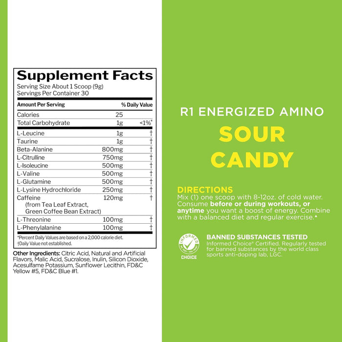 R1 Energized Amino Sour Candy supplement facts panel showing amino acid blend and energy support ingredients 30 Servings