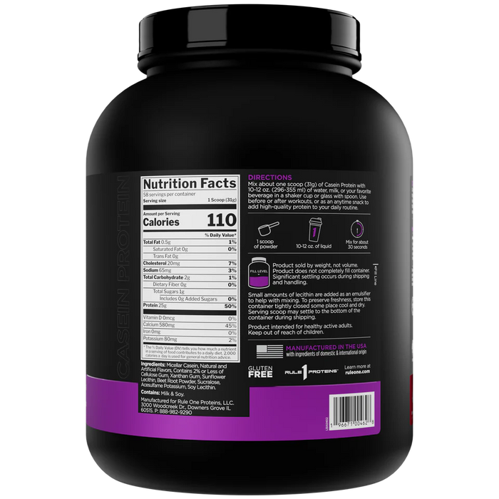Rule One Casein Strawberries & Creme 4 lb supplement facts panel with nutrition information