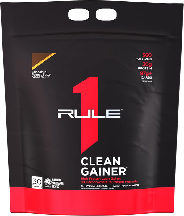 Rule 1 Clean Gainer lean mass weight gainer protein powder front 30 Servings, Chocolate Peanut Butter