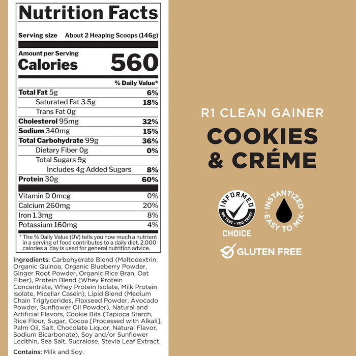 Rule 1 Clean Gainer supplement facts panel showing calories protein and carbs 30 Servings, Cookies & Creme