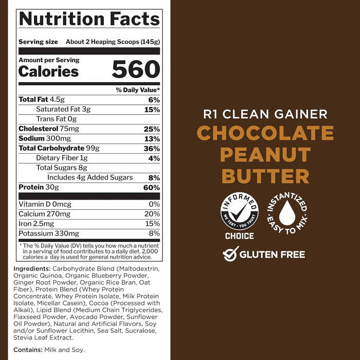Rule 1 Clean Gainer supplement facts panel showing calories protein and carbs 30 Servings Chocolate Peanut Butter