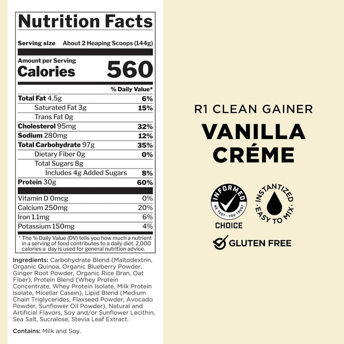 Rule 1 Clean Gainer supplement facts panel showing calories protein and carbs 30 Servings Vanilla Ice Cream