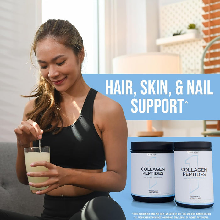 Woman stirring Rule One Collagen Peptides into a drink for daily joint and wellness support